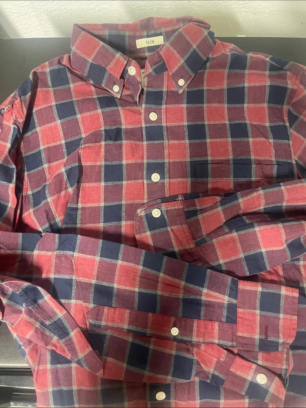 J. Crew Slim Button-Down Red and Navy Plaid Shirt